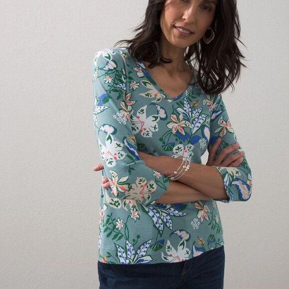 Chico's Pima Cotton Floral V-Neck Tee 3/4 Sleeve Size Large (2) - Picture 2 of 8